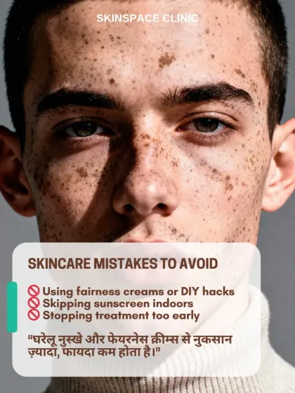 Avoid common skincare mistakes like using fairness creams or DIY hacks and skipping sunscreen indoors. These can worsen pigmentation. Professional guidance is key to achieving real, lasting results.