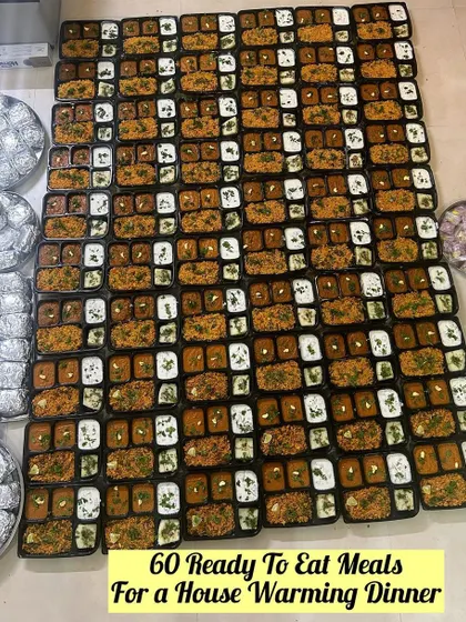 The full order of 60 ready-to-eat meals for a housewarming dinner, all neatly packed and ready to serve. This takes all the stress out of feeding a large group of guests.