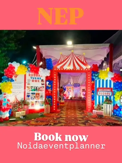 We design a complete themed entrance, including a personalized welcome board and a circus tent entryway, to make guests feel like they're stepping right into the main event.