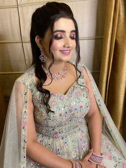 A close-up of her engagement makeup. I used a soft pink eyeshadow and a matching lip color to create a harmonious and khoobsurat look.