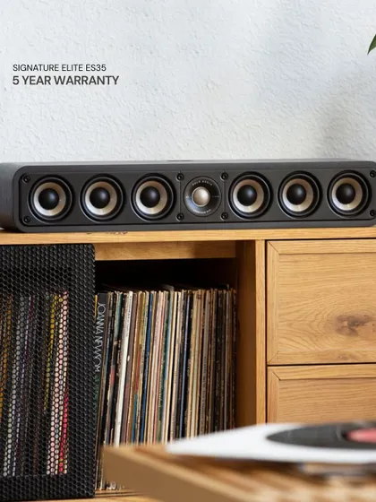 The slim Polk Signature Elite ES35 center channel speaker can also be used as left and right channels. It packs six drivers into its low profile cabinet and comes with a 5 year warranty, ensuring long lasting performance.