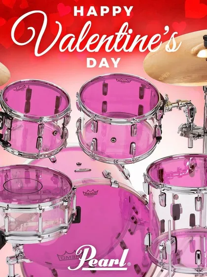 A special edition pink acrylic Pearl drum set, showing the unique and eye-catching gear we sometimes feature.