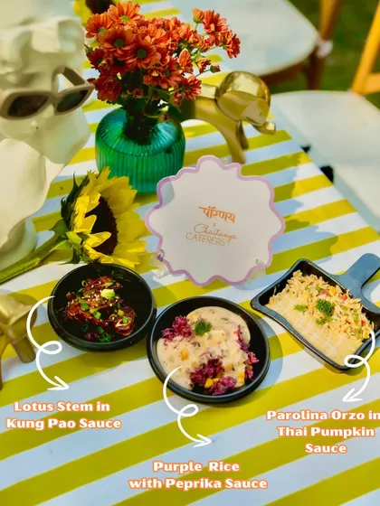 This image showcases three of my most popular fusion dishes: Lotus Stem in Kung Pao Sauce, Purple Rice with Paprika Sauce, and Parolina Orzo in Thai Pumpkin Sauce.