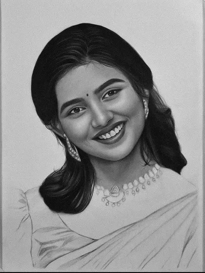 A work-in-progress shot of the "Premalo" movie actress. Here, the face and jewelry are detailed, while the saree is still in its outline stage.