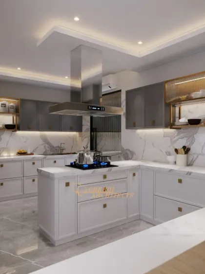 The cool grey and white cabinet option, offering a more contemporary and crisp aesthetic while maintaining the same functional layout.