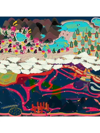 This piece by Prasad is an invitation to depart from your immediate reality. His imaginative creations are like maps of fantastical worlds, filled with vibrant color and playful details.