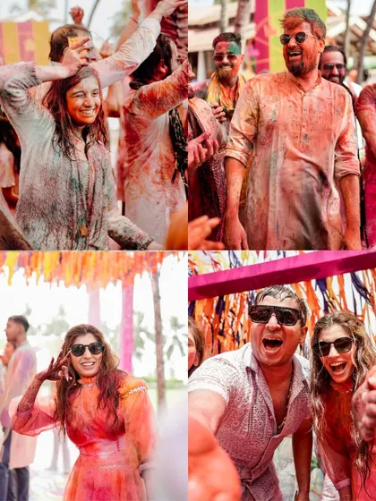 A collage from a "Rang" or Holi-themed celebration in Goa, showing guests joyfully playing with colors.