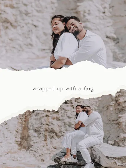 An artistic collage of a couple's pre-wedding photos, edited with a torn-paper effect for a creative touch.