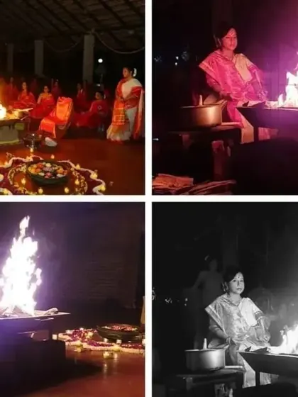 A four-part collage showing Maa Aditiji tending to the sacred fire. The images, including a black and white shot, highlight the timeless and powerful nature of this ancient ritual.