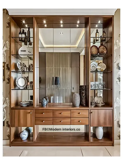 An elegant, traditional crockery unit with a large central mirror that makes the room feel bigger. The glass shelves and internal lighting are perfect for displaying fine china and decorative items.