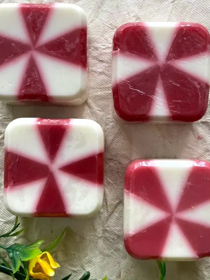 My peppermint-swirl soaps are especially popular during the holidays, but they are a fun treat any time of year. The design is so crisp and cheerful.
