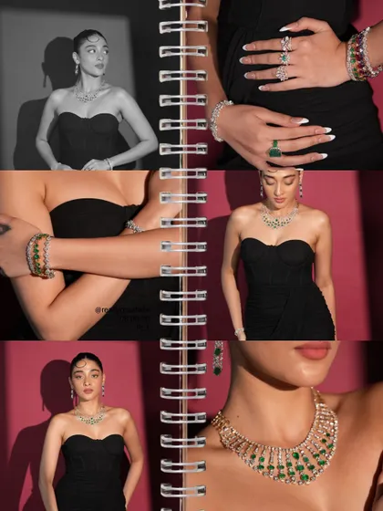 A collage showcasing the versatility of the Almairah collection. It features stunning emerald and diamond sets, statement rings, and bracelets that can be styled together or worn separately for any occasion.