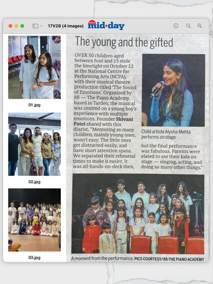 A screenshot of the Mid-day feature on 'The young and the gifted' from our 'Sound of Emotions' musical. The article highlights the challenge and reward of mentoring so many young children for a large scale production.