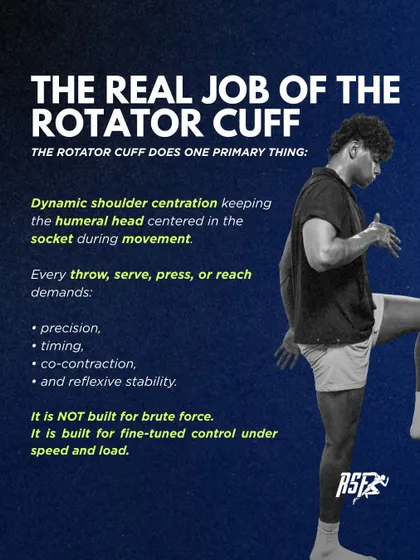 The primary job of the rotator cuff is dynamic shoulder centration, keeping the humeral head centered in the socket. It is built for fine-tuned control, not brute force.