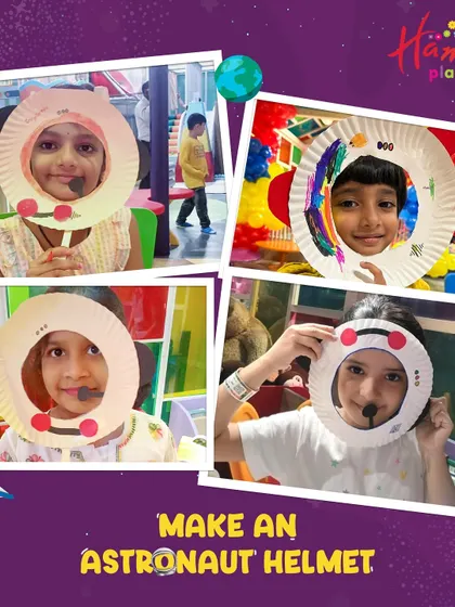 A collage of happy kids wearing the astronaut helmets they made from paper plates. It’s amazing what a little imagination and some simple craft supplies can do!