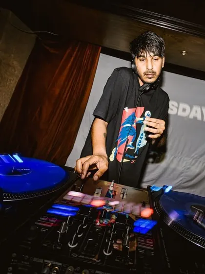 Me cueing up the next track at Boxout Wednesdays.