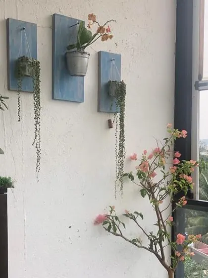 Another creative wall decor idea. These trailing succulents mounted on blue wooden plaques add a rustic, beachy vibe to this balcony, complementing the view and the bougainvillea.