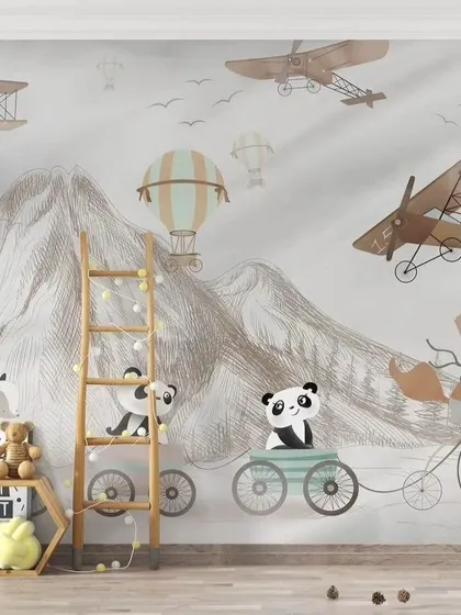 A room view of the sketch-style adventure wallpaper with pandas and planes.