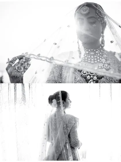 A black and white collage of the bride, using light and shadow to create ethereal and timeless portraits.