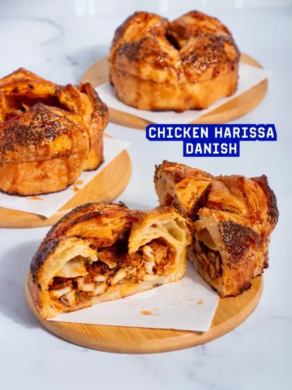 My Chicken Harissa Danish is a spicy and savoury treat. Flaky pastry is filled with tender chicken marinated in aromatic harissa paste.