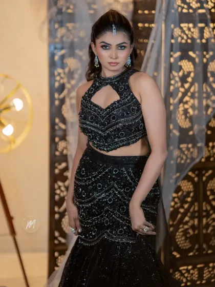 A full-length shot that showcases the entire glamorous ensemble.