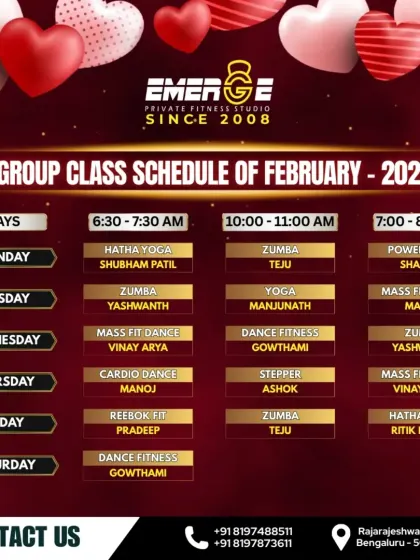 Our February 2025 schedule is filled with love for fitness. Train with the best in Hatha Yoga, Zumba, Mass Fit Dance, and more.