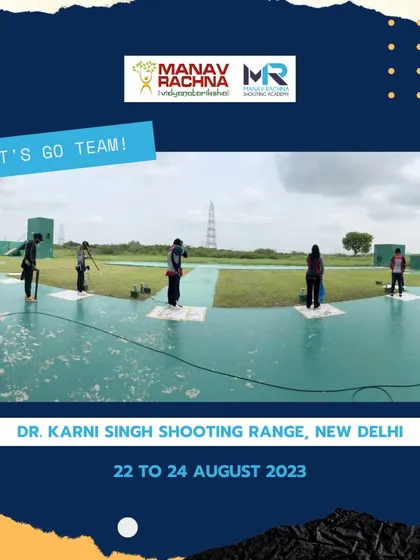 A wide view of the shotgun range during our internal competition. We provide our athletes with access to premier facilities like the Dr. Karni Singh Shooting Range for comprehensive training.