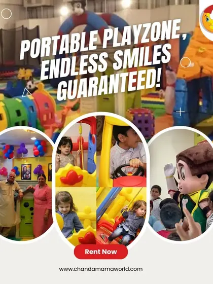 Portable playzone, endless smiles guaranteed. This collage features a large indoor setup, a mascot, and close-ups of kids enjoying the toys, all contributing to a fun and memorable event.
