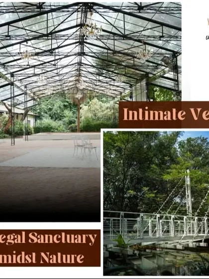 Discover Mukta, our unique forest-themed venue. This intimate setting features a beautiful glass pavilion, serene lily ponds, and a charming bridge, creating a magical sanctuary for weddings and private celebrations amidst nature.