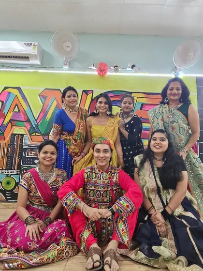 Our dance family is all dressed up and ready for Navratri! This photo was taken at my Noida studio before a festive Garba and Dandiya workshop.