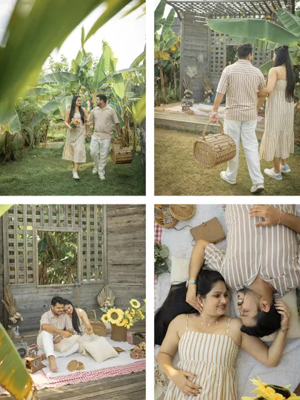 More beautiful shots from the picnic-themed session, including an overhead shot that captures the entire charming setup and the couple's connection.
