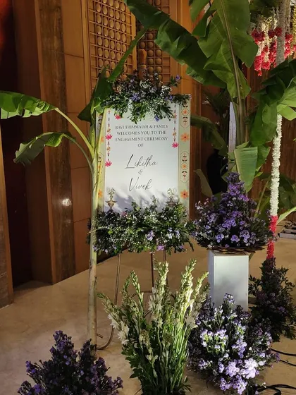 Another view of the beautiful welcome setup, showing how we use banana plants and floral arrangements to create a grand entrance.