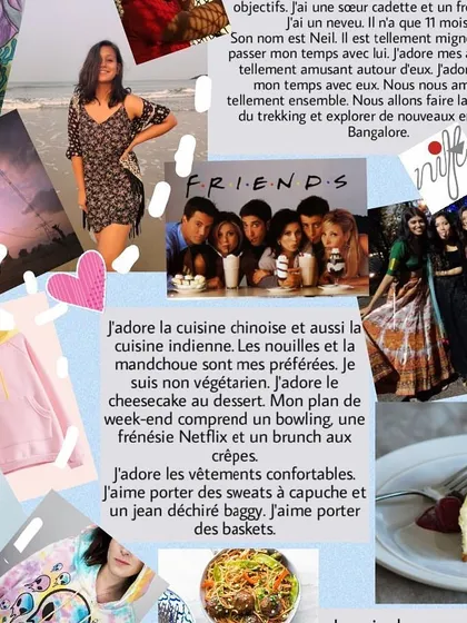 A collage-style portfolio from a French student, sharing her personal interests, family, and favorite things in the language.
