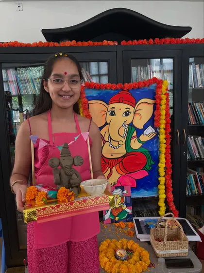 Another beautiful eco-friendly Ganesha, decorated and ready for the festival. Our students learn to create with care for the environment.