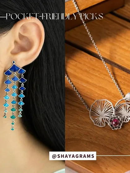 Beautiful silver jewelry from Shaya. The intricate lotus necklace and cascading blue enamel earrings are perfect examples of unique, artistic pieces that are still very wearable.
