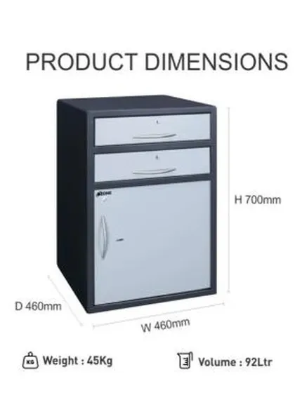The Convenio Manual-DD13 offers 92 litres of storage with two key-locked drawers and a main compartment. Its dimensions of 700mm height and 460mm width make it a substantial storage unit for commercial use.