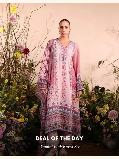 The Yamini Pink Kurta Set features a stunning all-over print and a relaxed, flowy fit. It’s a beautiful piece for a relaxed festive gathering.