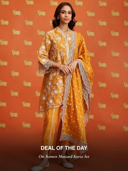 The Komen Mustard Kurta Set is a deal of the day. This warm, sunny color is perfect for the festive season.