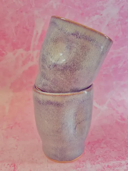 These grip mugs have a subtle lavender-gray glaze that is both calming and sophisticated.