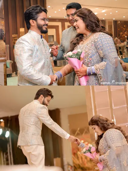 The moment of meeting and acceptance, this collage shows the groom greeting the bride and her family.