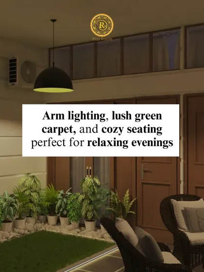 Warm lighting, a lush green carpet, and cozy seating make this balcony perfect for relaxing evenings.