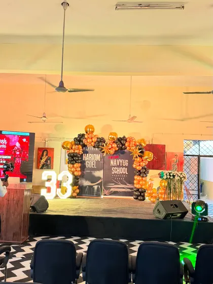 The stage decoration for the retirement party, viewed from the audience's perspective.