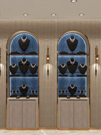 A render of the diamond section, where arched displays and a cool color palette create a sophisticated atmosphere.
