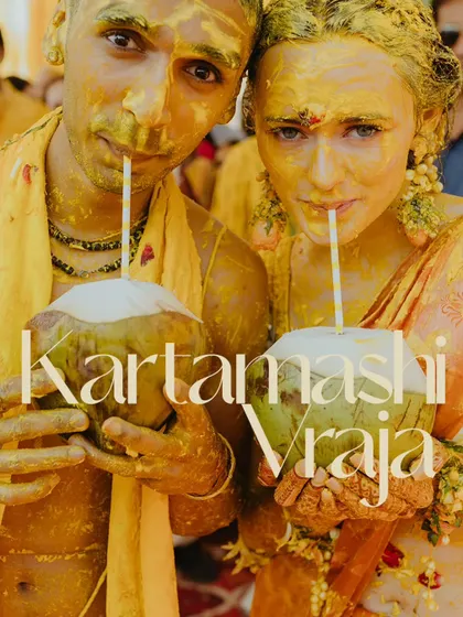 The Haldi ceremony is full of joy, and this candid shot of the couple cooling off with coconut water in Jaipur shows their playful connection. It’s these unscripted moments that make the best memories.