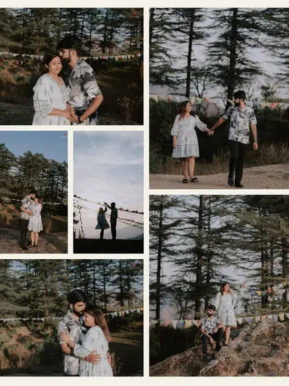 A collection of candid moments from a pre-wedding shoot in the hills, showing the couple walking, talking, and just being themselves.