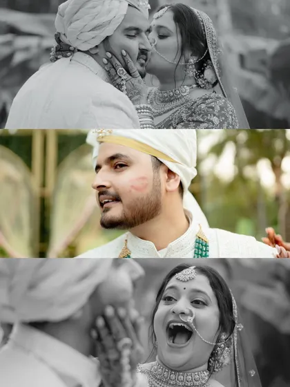 A collage of pure, unfiltered joy. The lipstick mark, the playful kiss, and the huge laugh capture the fun and personality of Kushal and Hemal's relationship.