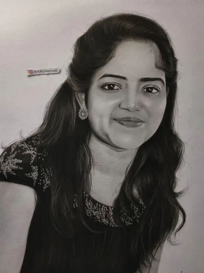 The final, signed portrait, showcasing the subject's gentle smile and detailed clothing.