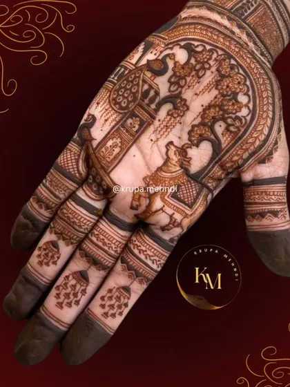 A classic Indian design featuring a Pichwai-style cow and tree. This type of narrative art adds a unique and traditional touch to your mehndi.