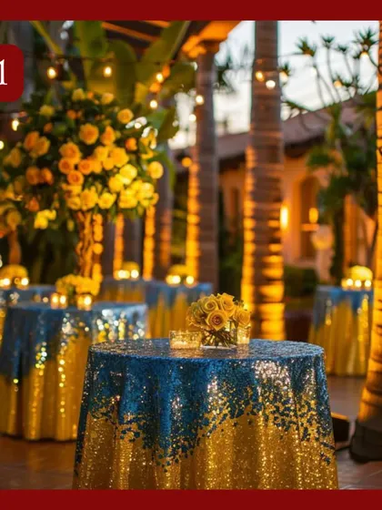 An elegant cocktail setup with high tables covered in blue and gold sequined cloths. The warm lighting and yellow floral centerpieces create a chic and celebratory vibe.