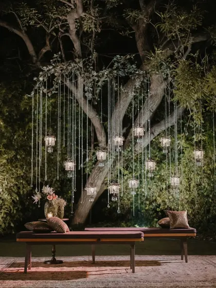 A seating bench under a tree decorated with hanging crystal-and-light strings, a perfect photo spot.